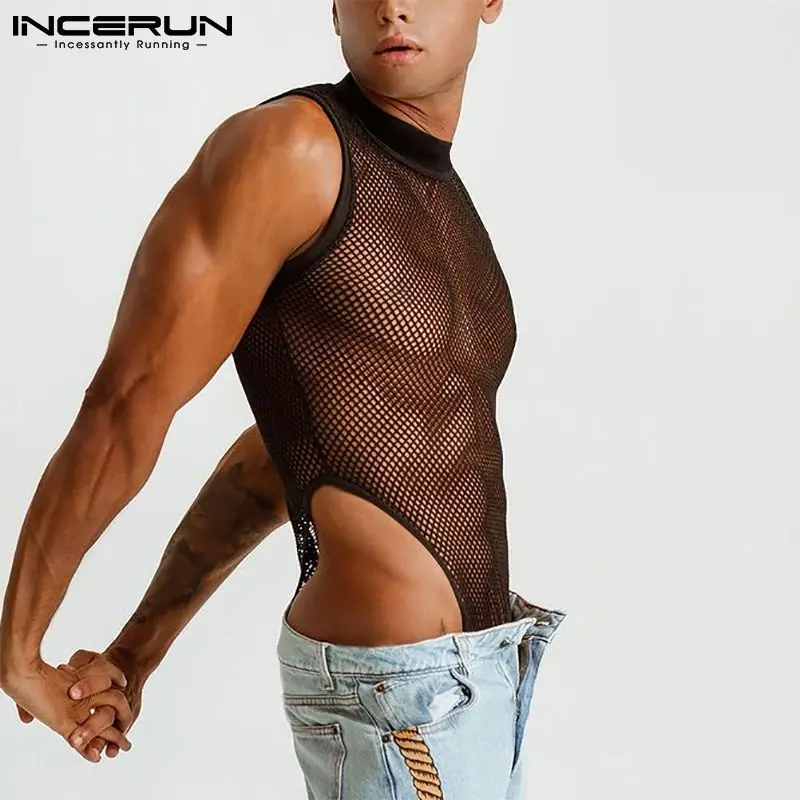 INCERUN 2023 Men Bodysuit Mesh Patchwork See Through Sexy Sleeveless Thin Rompers Underwear Skinny Fashion Male Bodysuits S-5XL