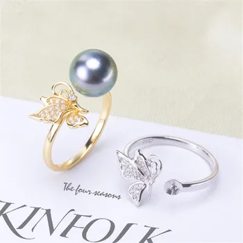 

Real 925 Sterling Silver Women Wedding Engagement Ring Adjustable Simple Round Pearl Ring Mounting