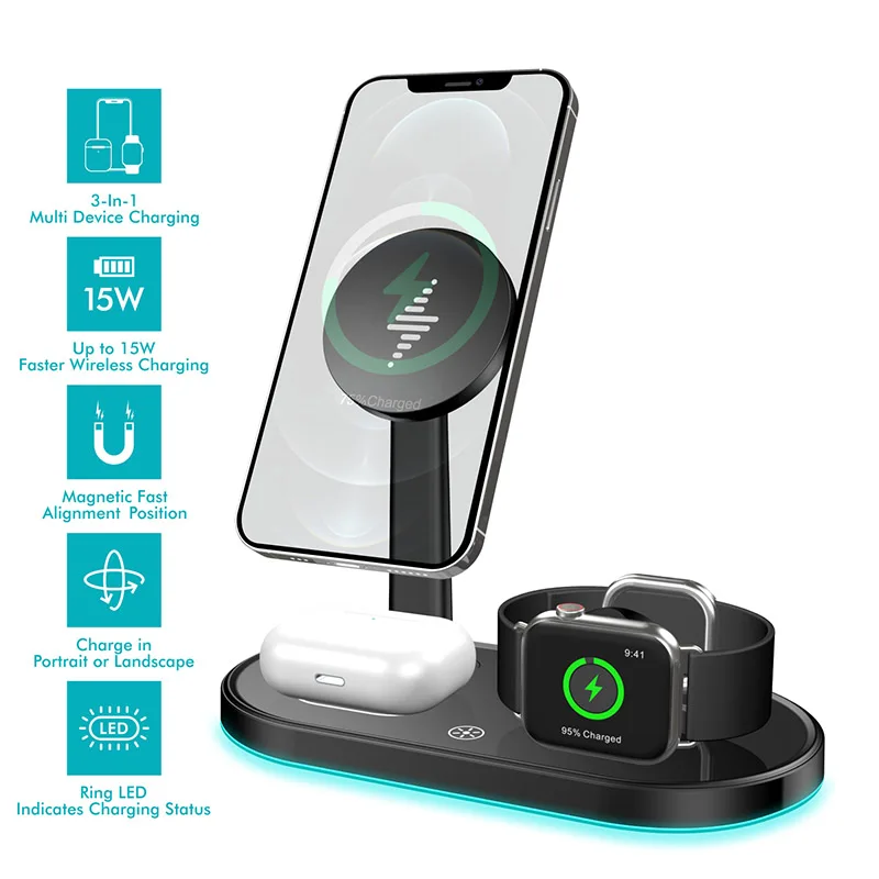 

3 In 1 Magnetic Wireless Charger 15W Fast Charging Station for IPhone 10 11 12 13 Pro Max Mini for Apple Watch Airpods