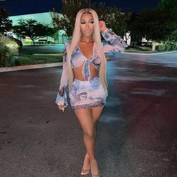 

CHRONSTYLE 2 Pieces Women's Set Mesh See Through Open Stitch Lace-up V-neck Flare Sleeve T-shirt High Waist Tie Dye Print Skirts