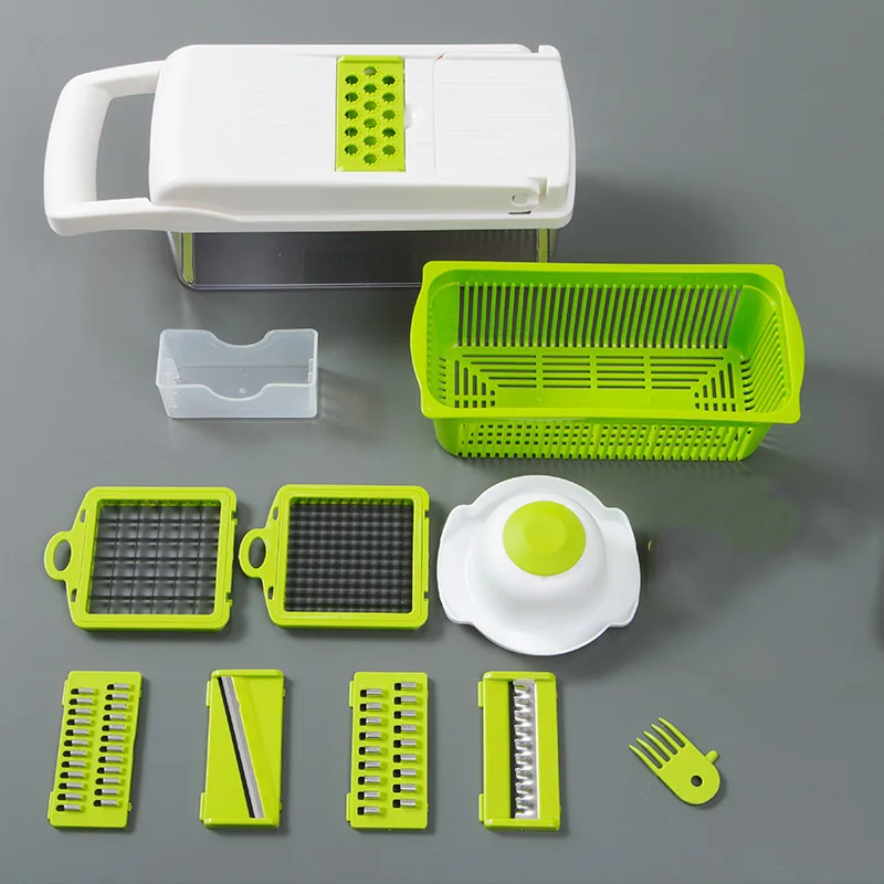 Tritatutto per verdure, con 8 lame, taglia cipolla con contenitore, affetta cibo professionale All-in-1, affettatrice mandolina, grattugia per insalata in acciaio inossidabile