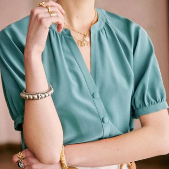 

100% Silk Women Green Blouse 2020 New Summer Short Sleeve Elegant V-neck single-breasted OL Office Shirt and Top