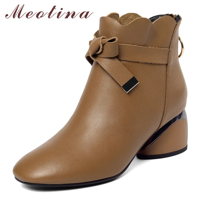 

Meotina Winter Ankle Boots Women Natural Genuine Leather Bow Strange Style Heel Short Boots Zip Square Toe Shoes Lady Fall 34-39