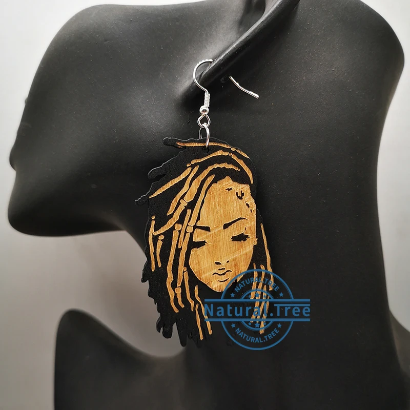 Afro Natural Hair Black Girl Wooden Earrings