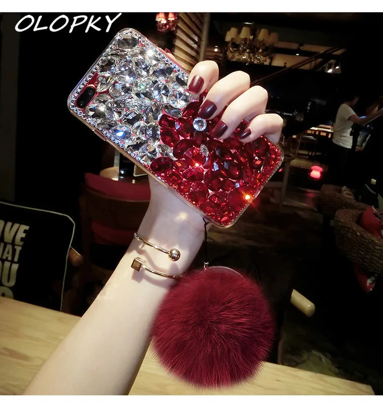 Full Diamond Colorful Plush ball back cover Chain Phone Silicone Cover Case For iPhone 7 6 S 8 plus X XS XR MAX Luxury |