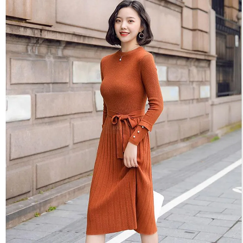 

High Quality Ladies Graceful OL Knitted Dress 2019 Fall Winter Women Solid Long-sleeved Tie up Pleated Sweater Mid-calf Dress