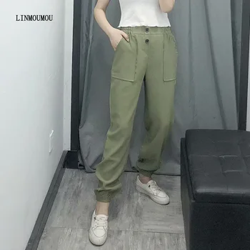 

Women's new solid color trousers elastic waist button sports pants pocket Slim summer feet pants