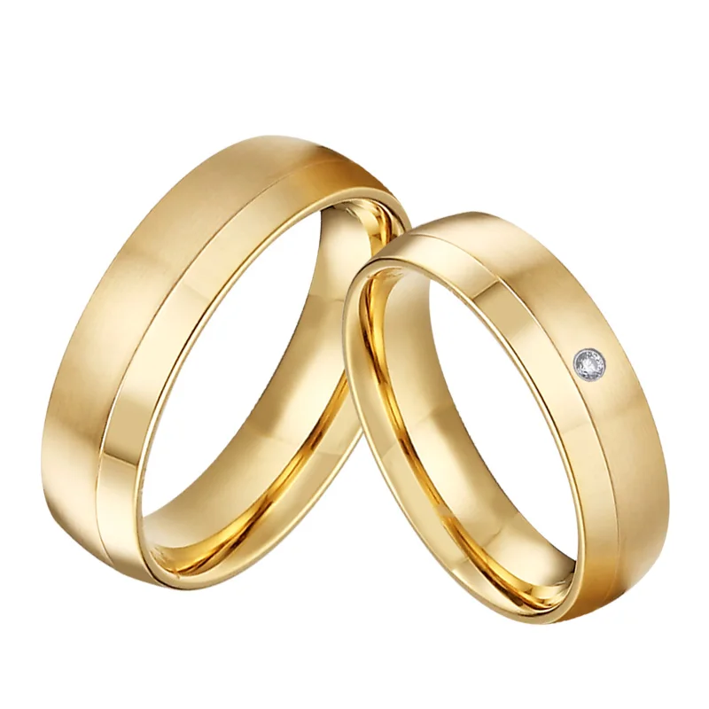 Couple Rings Set Womens Gold IP Stainless Steel 5mm Round CZ Wedding Ring  Mens Gold Flat Band- Size W5M12 - Walmart.com
