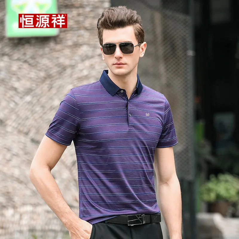 

HYX Genuine Product Summer New Style Stripes Fold-down Collar Short Sleeve T-shirt Middle-aged Loose-Fit Mulberry Silk T-shirt M