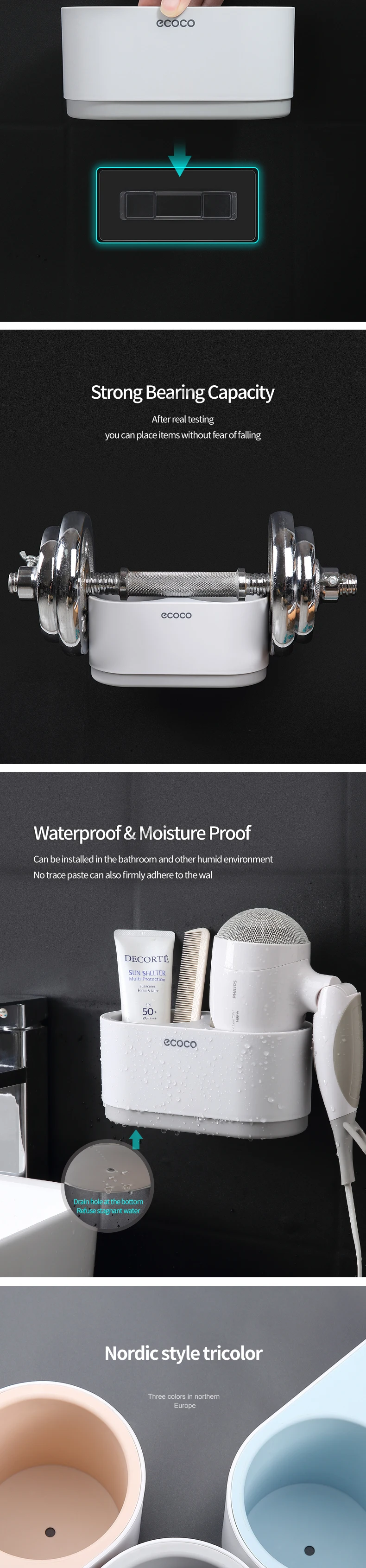 ECOCO Hair Dryer Rack Wall Mounted Punch Free Bathroom Accessories Set Home Bathroom Shelve Bathroom Holder Tool Drainage