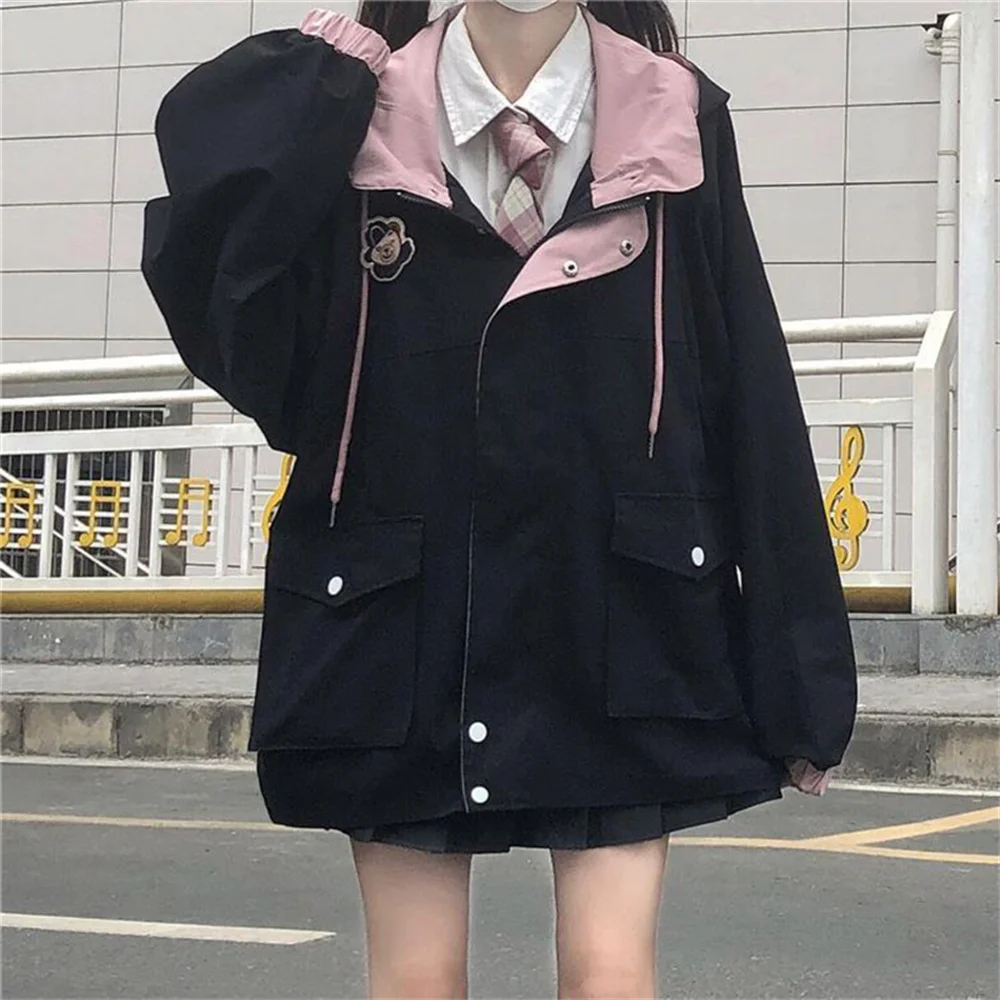 Japanese Kawaii Zipper Pink Woman Jacket Color Matching Female Students
