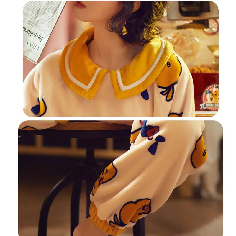 Пижамы для женщин, новинка, милый пижамный комплект с изображением утки из мультфильма, 2 предмета, фланелевая одежда для сна с длинным рукавом, женская домашняя пижама