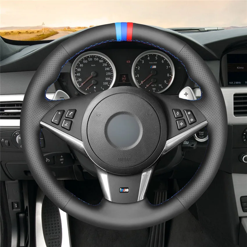 Сшитый вручную черный чехол из натуральной кожи на руль для BMW M5 E60 E61(Touring) 2005-2010 M6 E63 E64 2005-2010 - Название цвета: Style-01