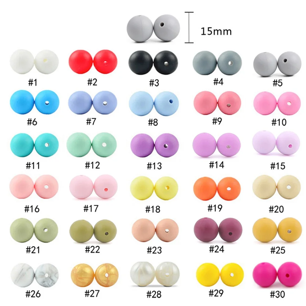 100pcs 15mm 실리콘 구슬  젖니가 남 둥근 구슬 젖꼭지 체인 DIY 완구 실리콘 Teether BPA 무료 팔찌 목걸이 아이