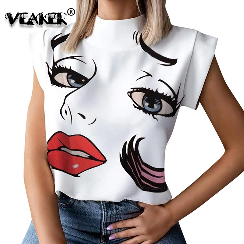 2020 Women Fashion Sleeveless Turtleneck T Shirt Elastic Tee Solid Slim Fit Clothes Big Eyes Print Camisetas Summer Streetwear | Женская