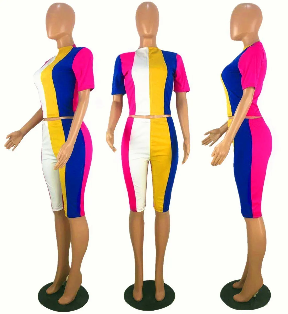 Цветной полосатый сексуальный комплект из двух предметов, женский спортивный костюм из двух частей, футболка, топ, облегающий, байкерские шорты, подходящие комплекты