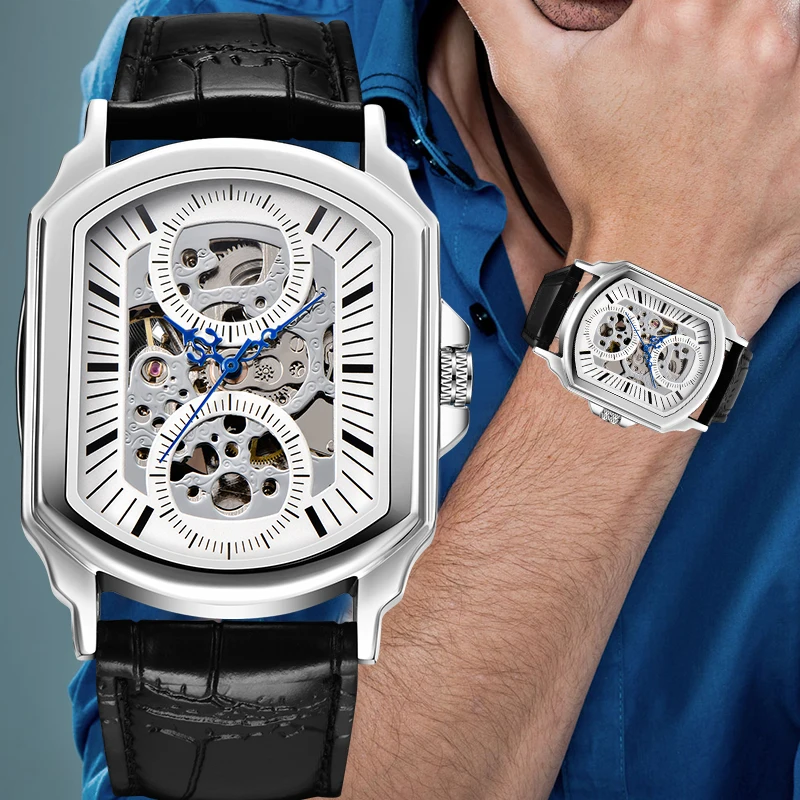 

Forsining hollow irregular rectangular design dial clock men's business automatic watch top brand luxury male wristwatch