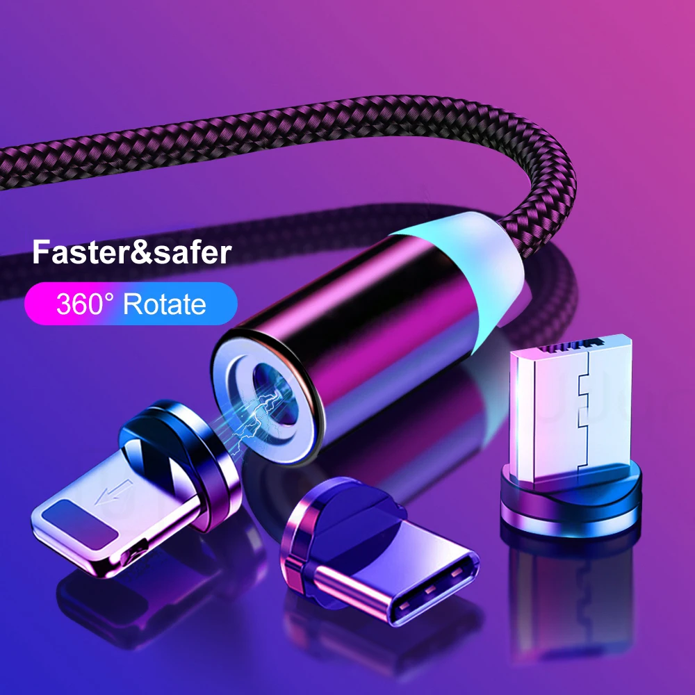 Магнитный кабель Micro USB Тип C 8 Pin для iPhone Lighting 1 м 2 провод быстрой зарядки Type