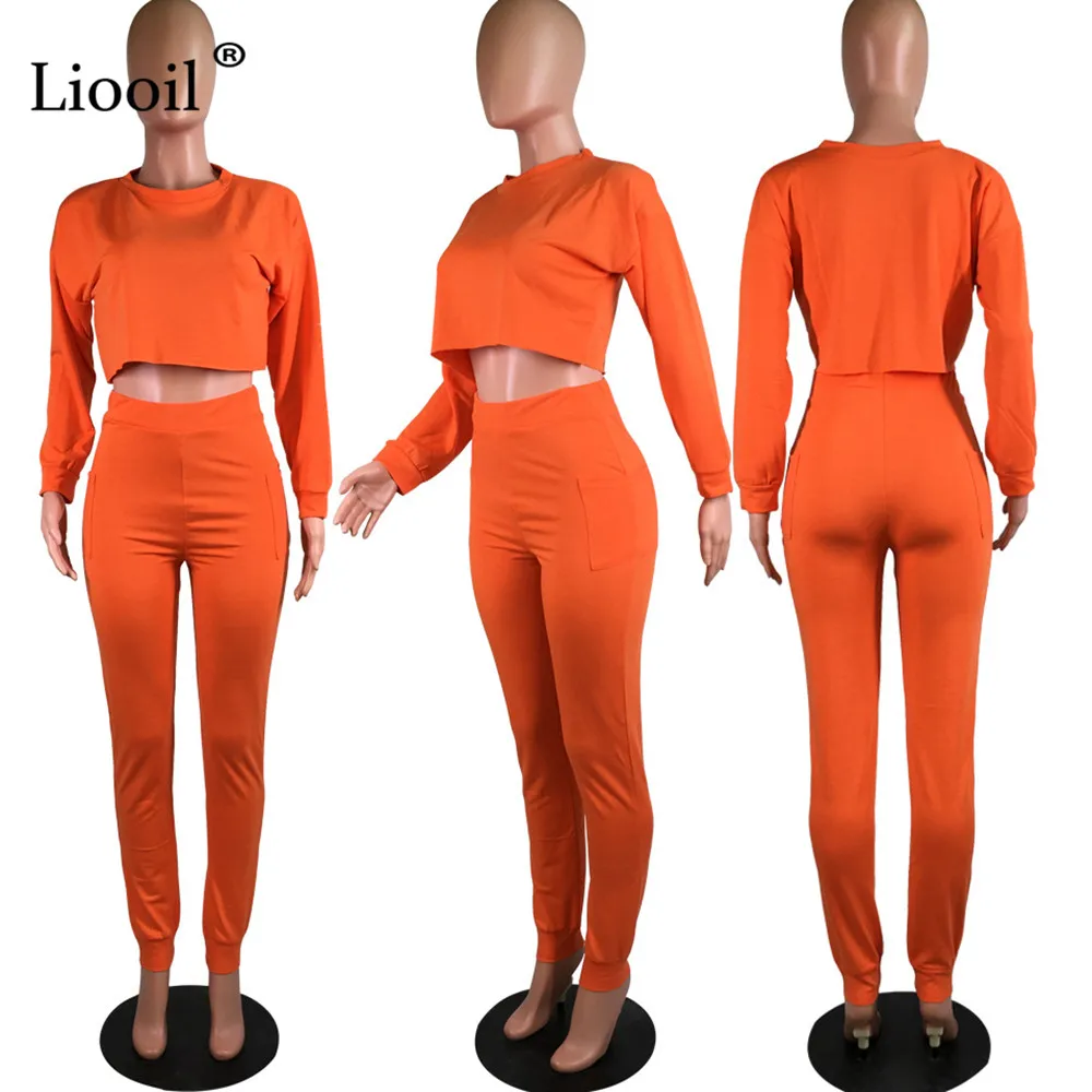 Liooil женский спортивный костюм из двух частей, сексуальная одежда, осень, длинный рукав, круглый вырез, Свободный свитшот, обтягивающие длинные брюки, джоггеры, костюм, наборы