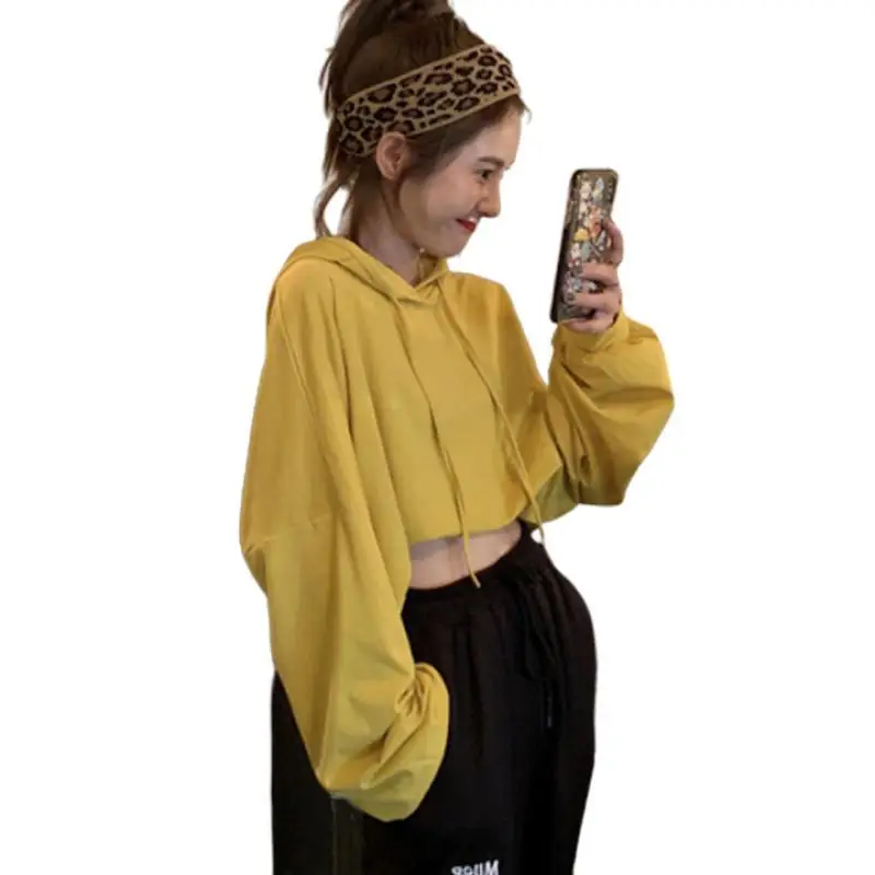 

Harajuku Autumn 2019 New Korean Pop Hot Crop Top Hoodies Loose Solid Color Hooded Short Open Navel Long Sleeve Women's