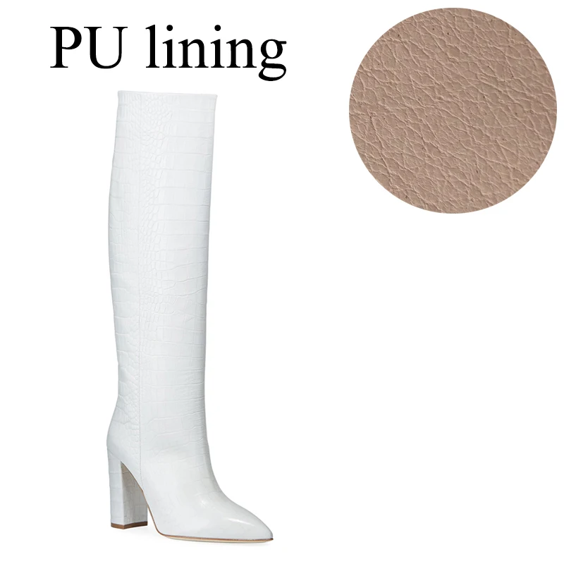 PU Lining Белые женские сапоги до колена; коллекция года; фиолетовые сапоги с тиснением под крокодиловую кожу; высокие сапоги без застежки на высоком квадратном каблуке; женская зимняя обувь желтого цвета - Цвет: PU Lining
