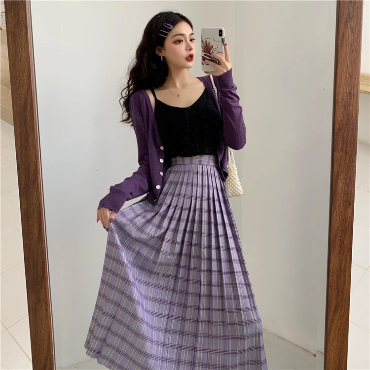 Юбка женская клетчатая средней длины элегантная фиолетовая плиссированная юбка