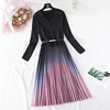 Autumn Winter Elegant Knitted Patchwork Gradient Pink Pleated Dress Women Long Sleeve Office One-Piece Sweater Dress With Belt ► Photo 2/6