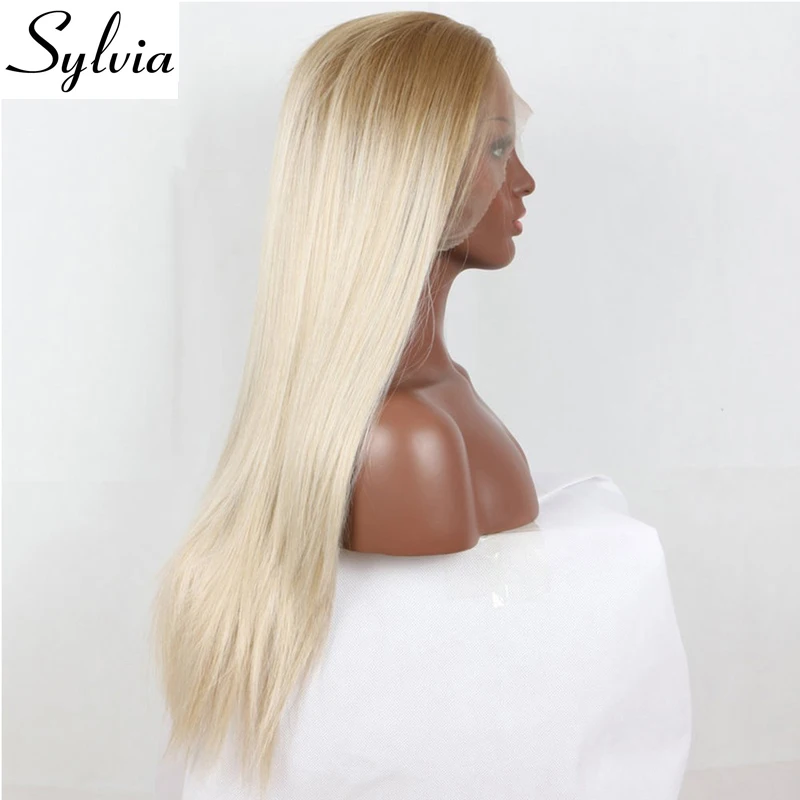 Sylvia блонд синтетические парики на шнурках спереди средняя часть длинные шелковистые прямые термостойкие волокна волос для женщин
