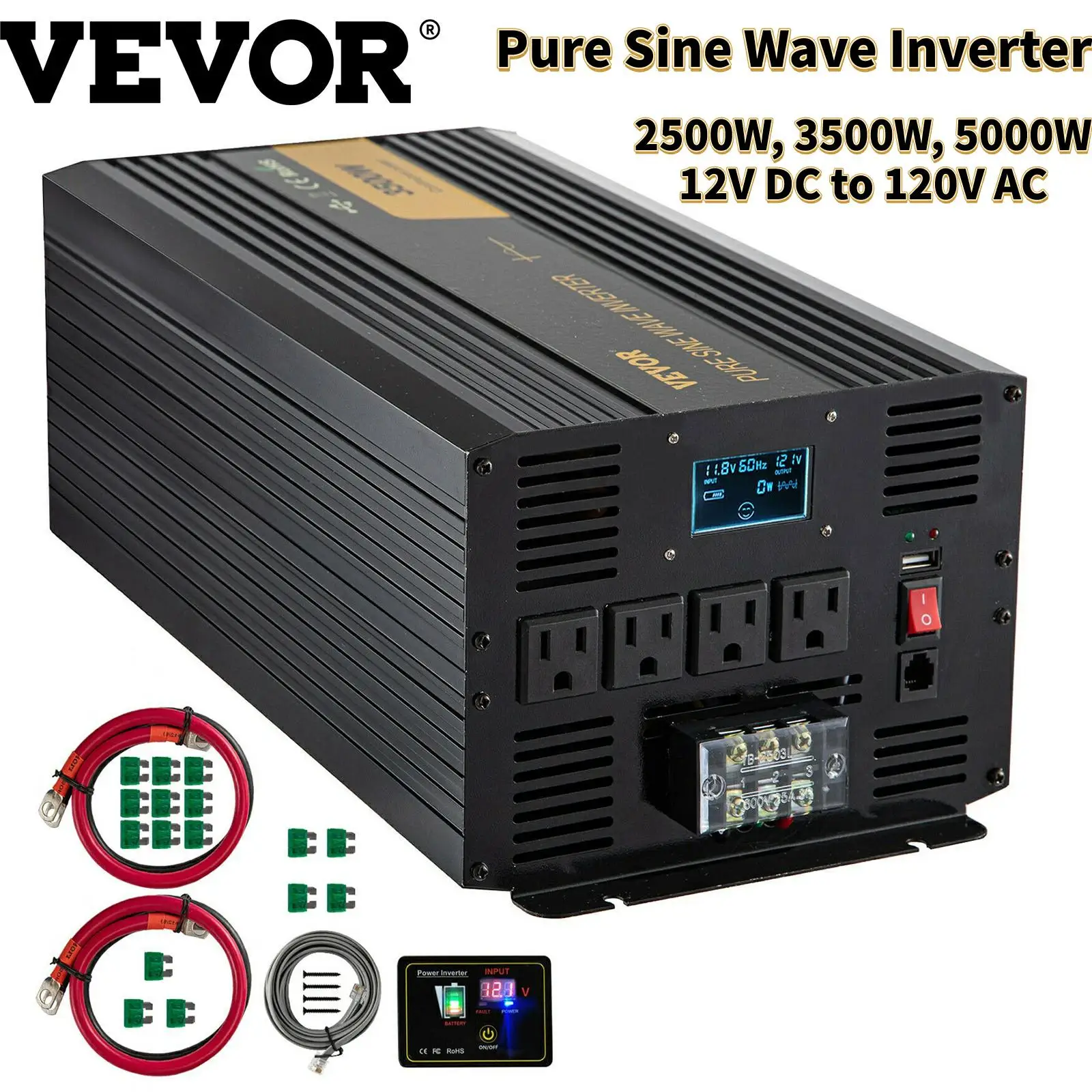 Vevor Pure Sine Wave Power Inverter 12v Dc To 120v Ac Aluminum Alloy