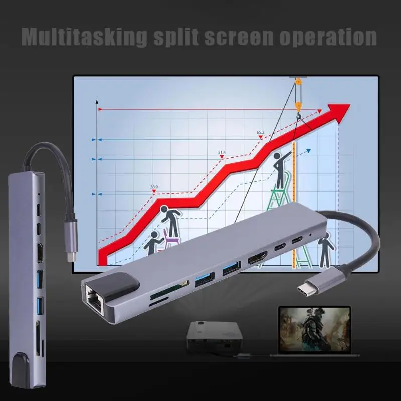USB C концентратор многопортовый адаптер 8 в 1 TYPE-C концентратор гигабитная LAN док-станция U диск/жесткий диск/мышь кнопка/карта памяти/переходник для sd-карт