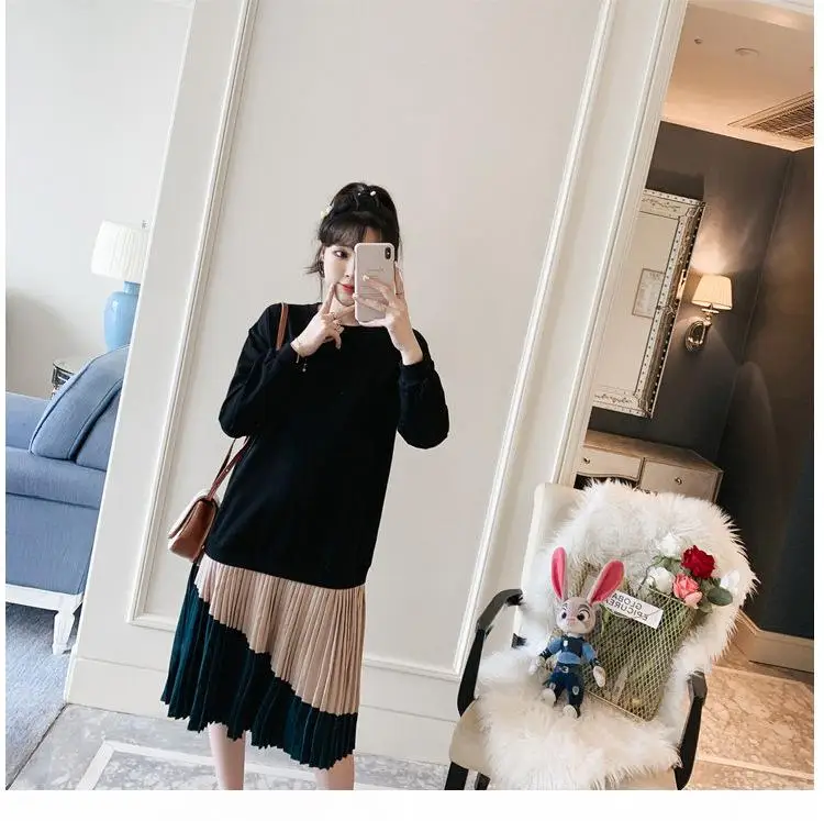 Осень, женское платье большого размера, 4XL 5XL, длинные рукава, строчка, плиссированные платья, элегантные, повседневные, длинные, женские, Vestidos, свободные, черные