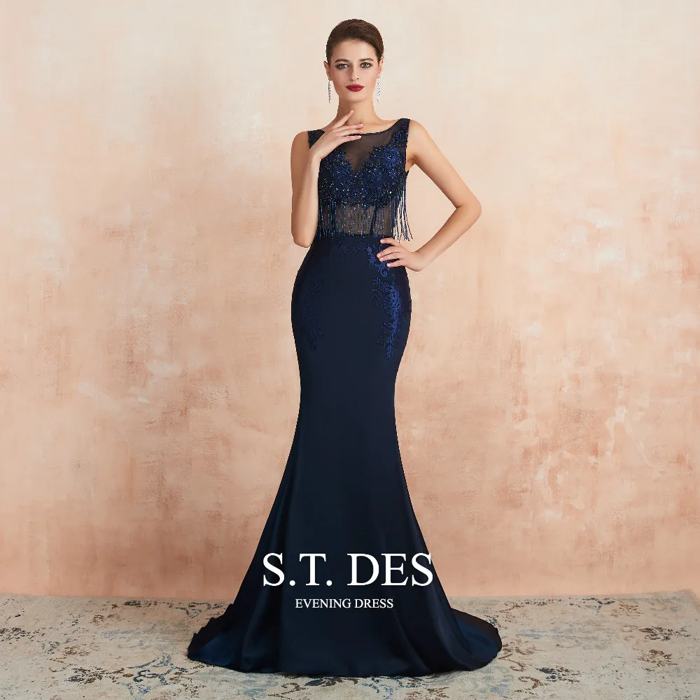 

2020 S.T.DES Gorgeous Navy Blue Crystal Beading Tassel O-Neck Mermaid Prom Dress Illusion Sweep Train Evening Dress Woman Robe