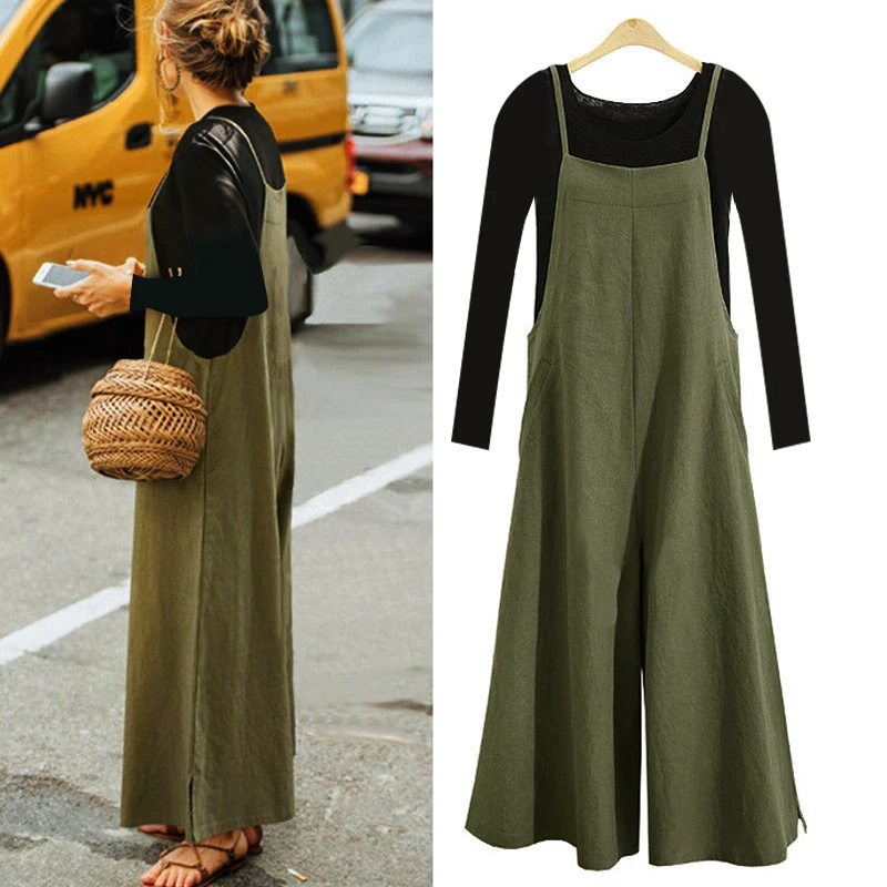 Kaufen EaseHut Plus Größe 3XL Frauen Baumwolle Overall Tasche Breite Bein Strampler Strappy Latzhose Bib Overalls Beiläufige Lose Solide Overall