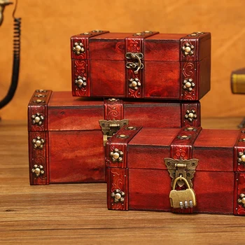

Vintage Retro Wood Box with Lock Storage Container Box Trinket Jewelry Bracelet Pearl Ring Wooden Treasure Case Chest Organizer