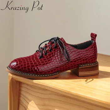 

Krazing pot 2020 cow leather med heel round toe spring shoes mature lace up vintage classics casual brand dress women pumps L8f3