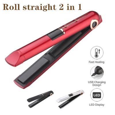 

Portable Hair Curler Straightener 2 In 1 Wireless USB Charging LCD Display Hair Styling Tools