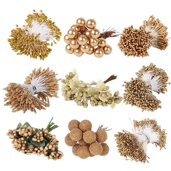 

8/10/12/90/144pcs Gold Mixed Hybrid Flower Cherry Stamen Berries Bundle DIY Cake Christmas Wedding Gift Box Wreaths Home Decor