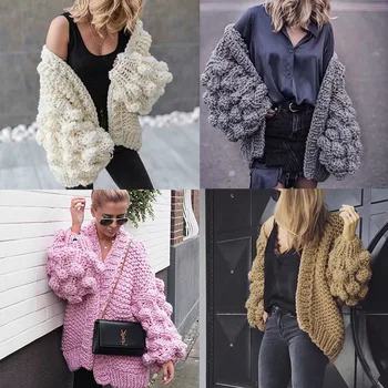 

2019 Winter Warm Women Sweater Hand Knitted Thick Cardigan Long Lantern Sleeve Solid Women Coat Long Style Sweaters Steetwear