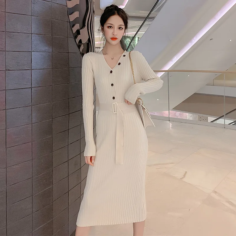 

2019 Autumn And Winter New Style V-neck Base Jersey Dress Women's Mid-length Slim Fit Slimming over-the-Knee Sweater Dress
