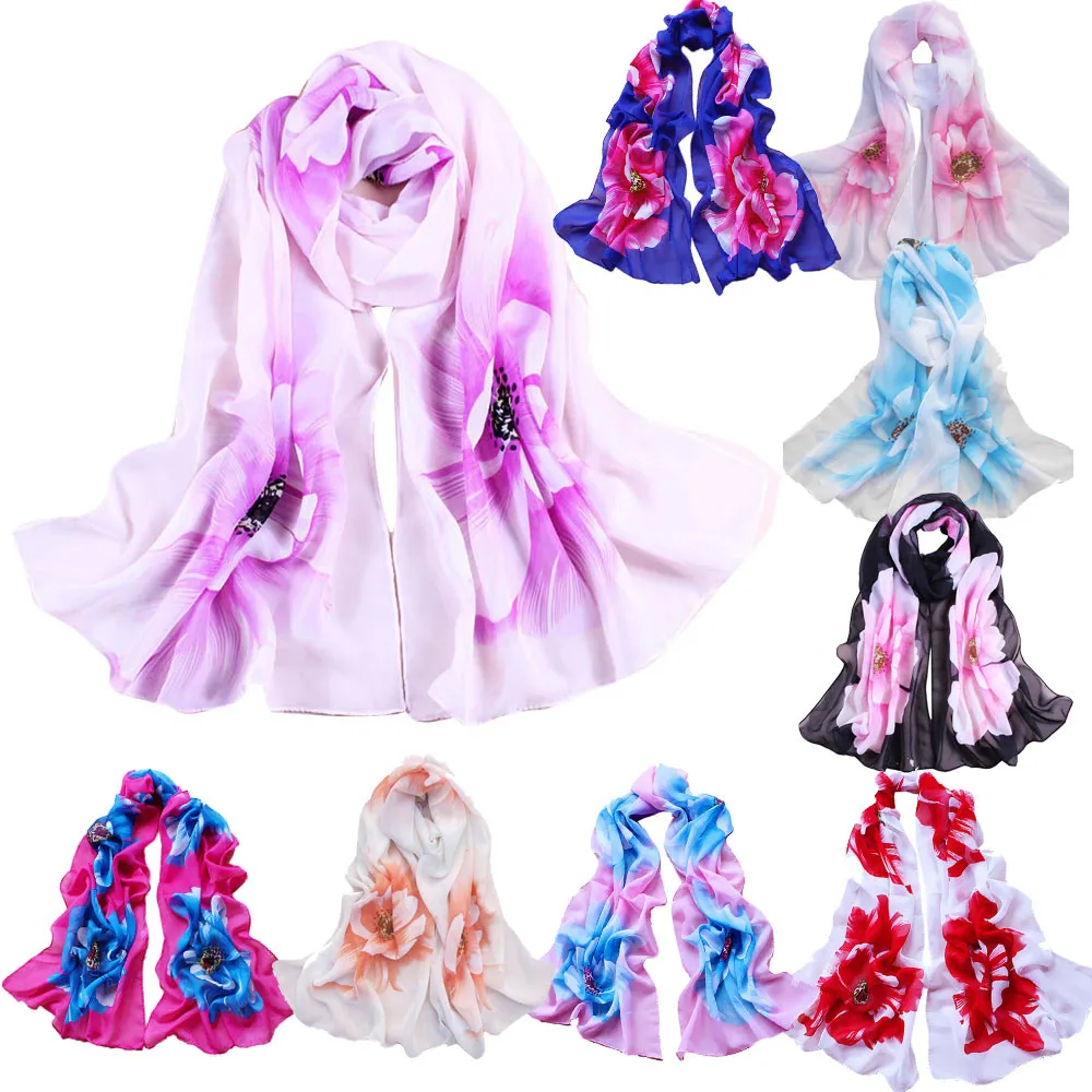Шифоновый цветочный цветной винтажный шёлковый шарф для женщин Элегантный мягкий тонкий шифоновый шелковый шарф шарфы с цветочным принтом шарф