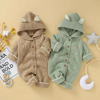

2020 Autumn Infant Baby Girls Long Sleeve Knitted Solid Print Hoodie Rompers Kids Boys Bodysuit Jumpsuit 0-24M
