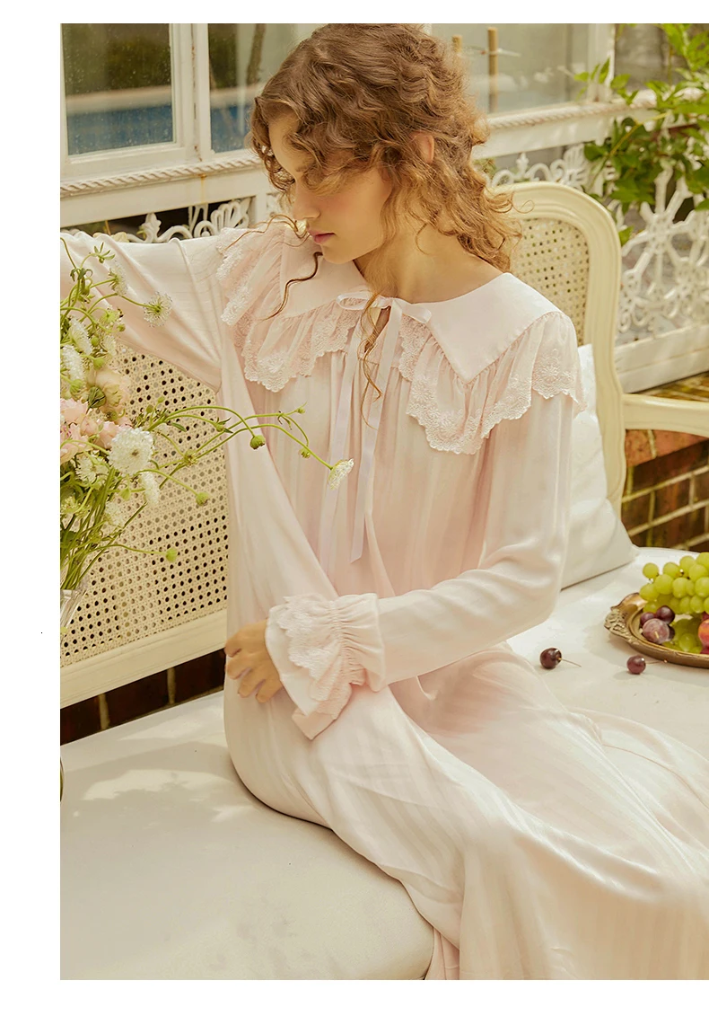 Long Nightgown Women Princess Long Sleeve White Pink Sleepwear