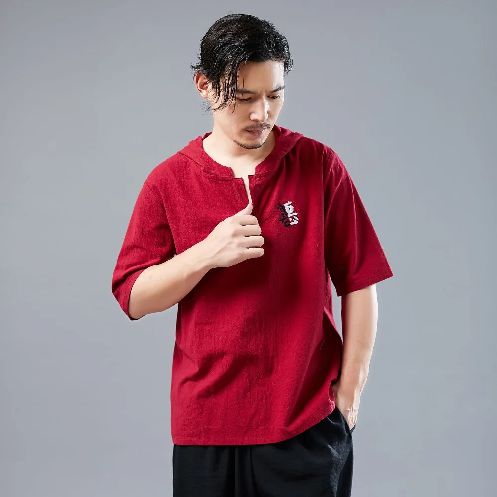 LZJN 2019 Men's Shirt Summer Style Hooded Short Sleeve Blouse Top Men New Casual Embroidery Cotton Linen Shirt Camisas De Hombre (10)