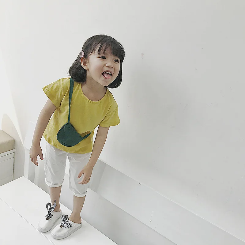 Summer Cotton Solid Color Baby Girls Simple Short Sleeve T Shirt With Bag Korean Style Infant Kids Tees Children Clothes Tops