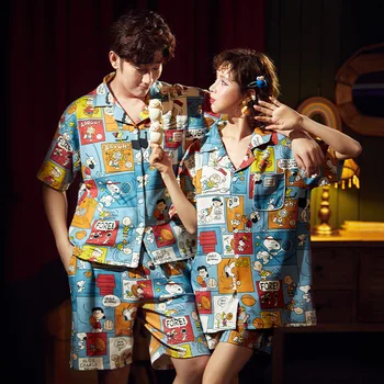 

Summer Couple Pajamas Set Short Sleeve Printing Sleepwear Pyjamas Women Men Cotton Nightwear Cute Lovers Pajamas Homewear XXXL