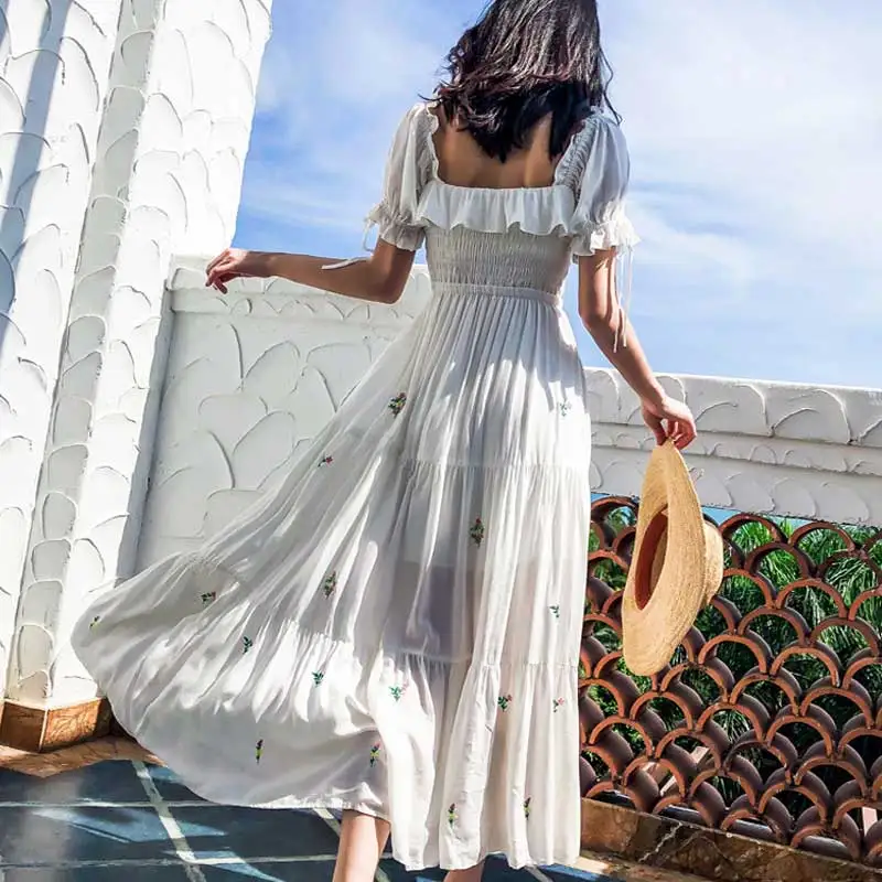 Женское платье с оборками летнее хлопковое квадратным вырезом эластичная