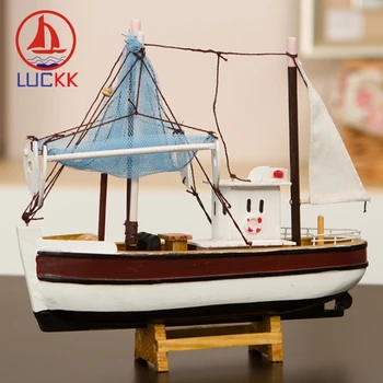 

LUCKK 24CM Mediterranean Style Wood Sailing Model Fish Ship Miniature Crafts Modern Home Nautical Room Decor Kids Gift Souvenirs