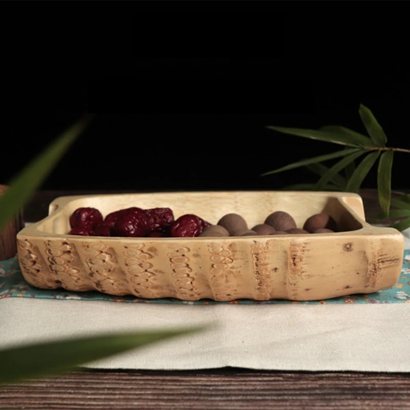 ABUI-Bamboo Root Carving Fruit Plate Fruit Bowl Creative Snack Dish Living Room Home Dried Fruit Plate Coffee Table Wedding Cand