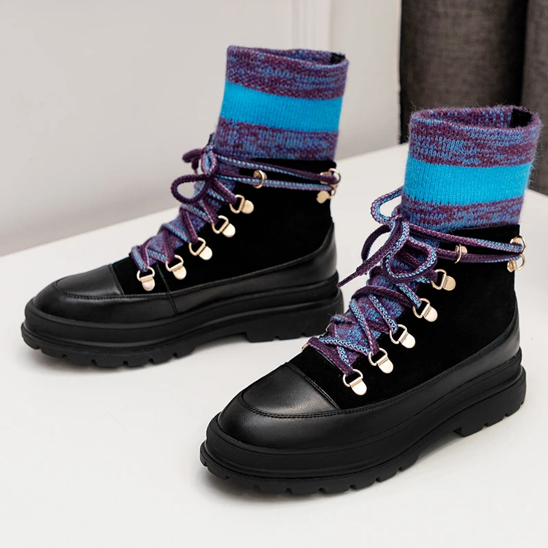 2019New Winter Snow Boots Cow Suede Short Boots Casual Flat Martin Boot Women Thick-bottomed Round Head With Elastic Socks Boots