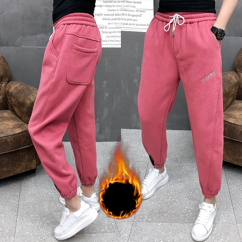 Moda 2019 pantalones de de color rosa para hombre, gruesos y holgados, pantalones casuales sólidos para hombre, pantalones de Hip Hop de invierno con cordón, 36 para hombre|Pantalones ajustados| - AliExpress
